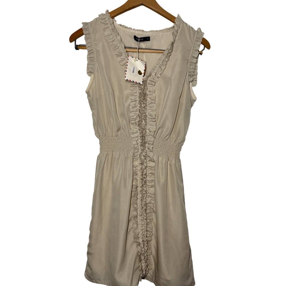 Theme Ruffle V-Neck Smocked Mini Dress S Beige NEW Sleeveless Silky Lined